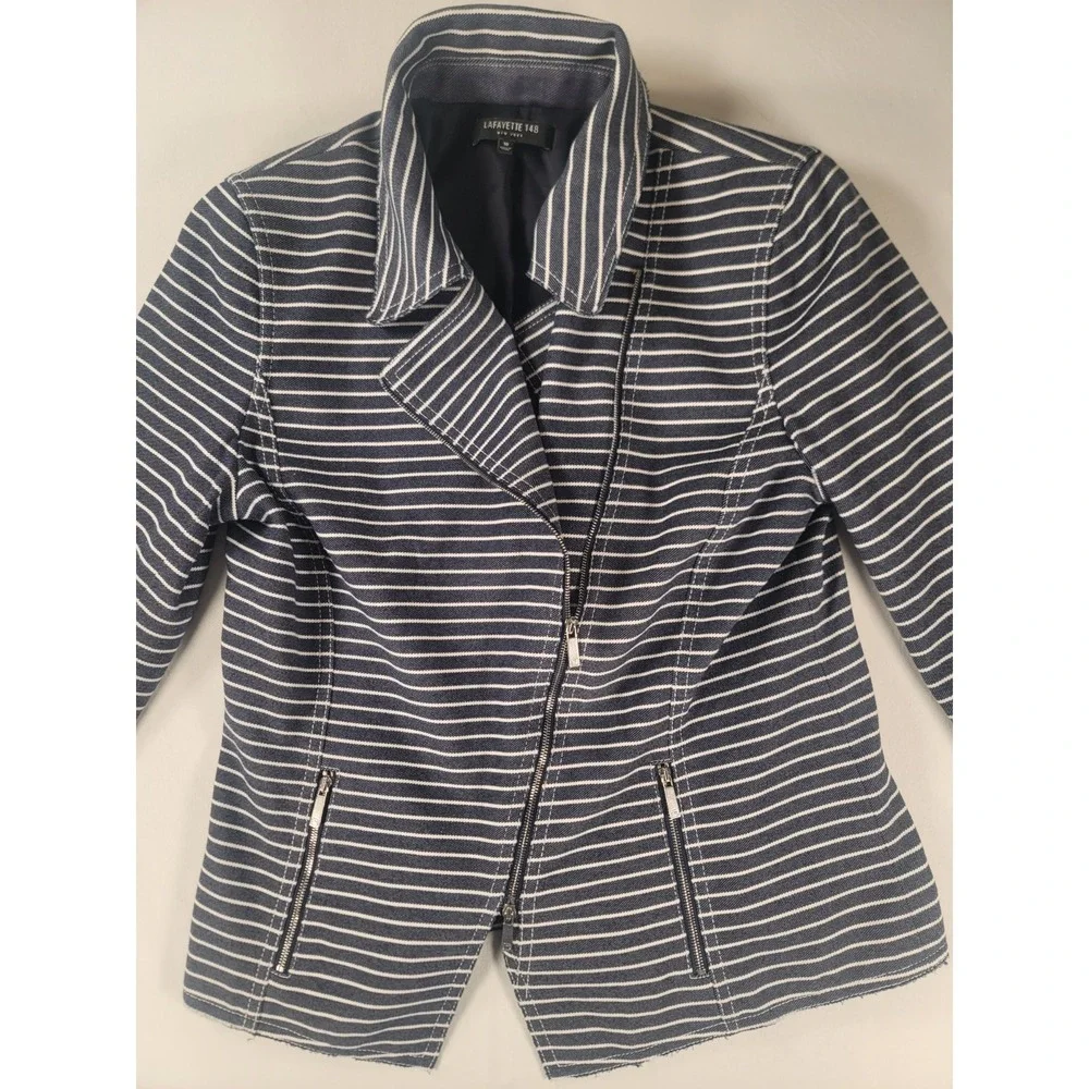 Lafayette 148 New York Striped Moto Jacket Size‎ 10 Asym Zip Raw Hem